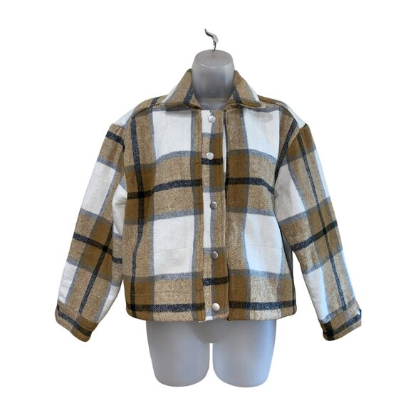 Blue B Plaid Oversized Shirt Jacket Womens S Beige & White Polyester/Cotton Blen - Picture 2 of 8